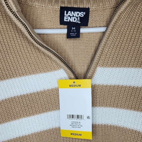 Lands' End Tan and White Striped Quarter Zip Sweater - Picture 3 of 4